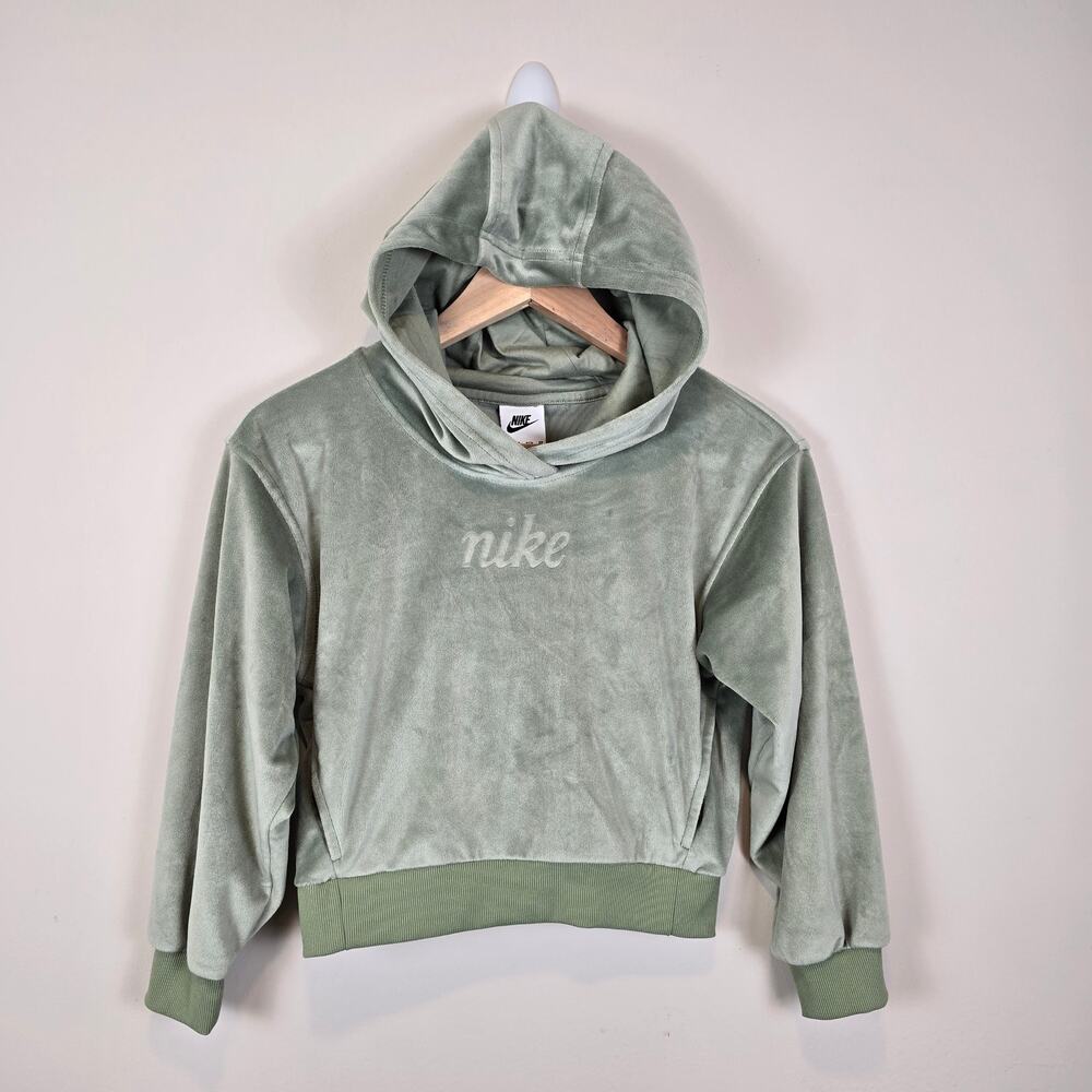 Nike Sportswear Girls Size XS/6-7 Velour Pullover Hoodie Oil Green/Jade Horizon